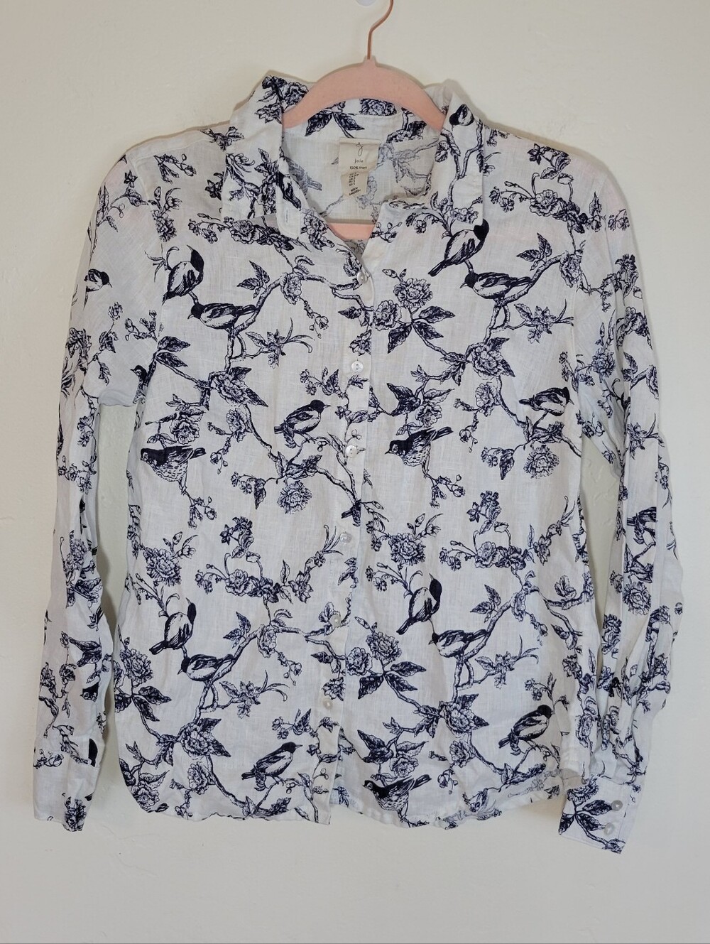 Joie White Linen Blouse with Navy Floral‎ & Bird Print Women Size S.